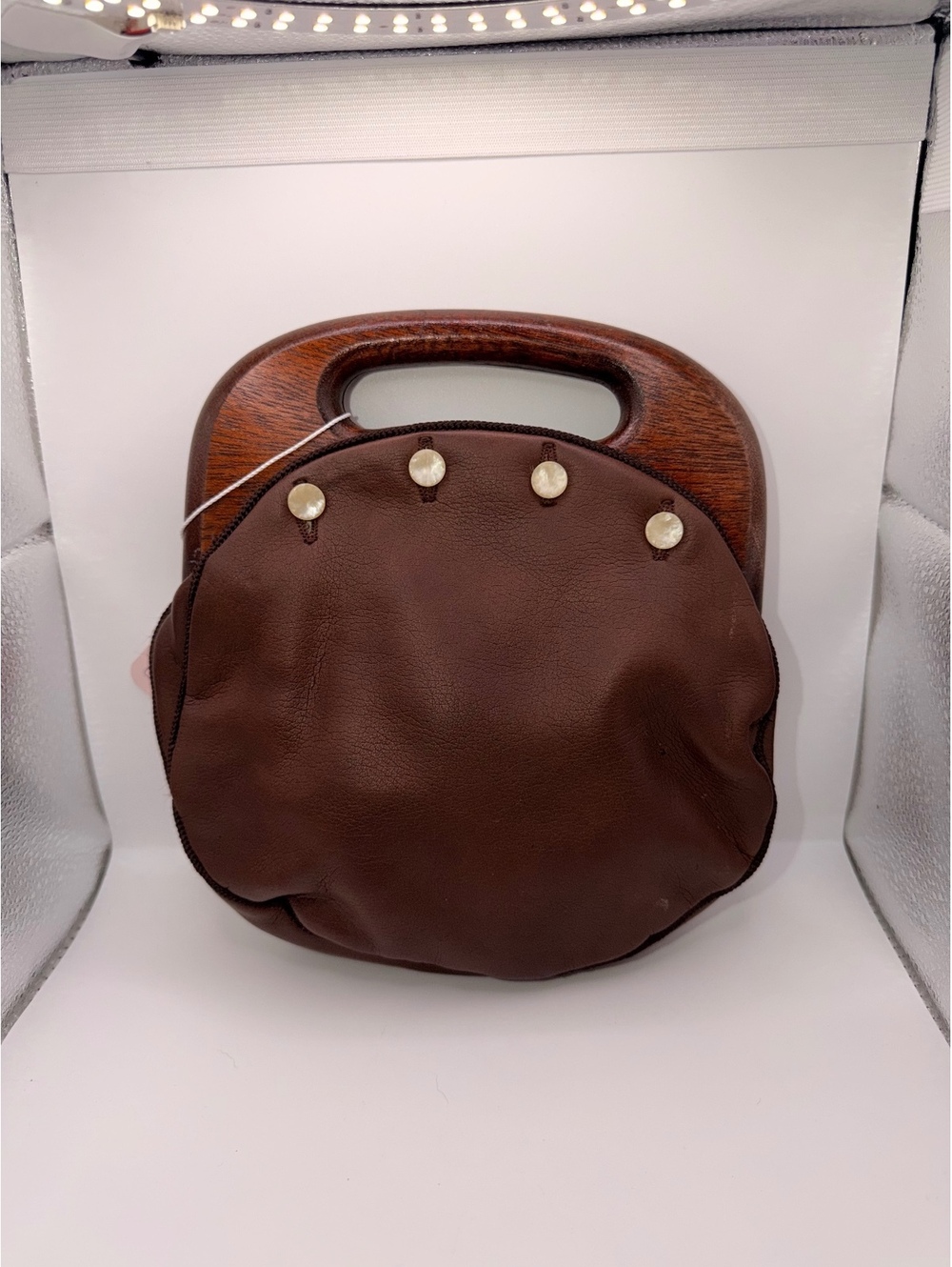 Vintage Chocolate Brown Lambskin Leather Bermuda Handbag With Wooden Handles